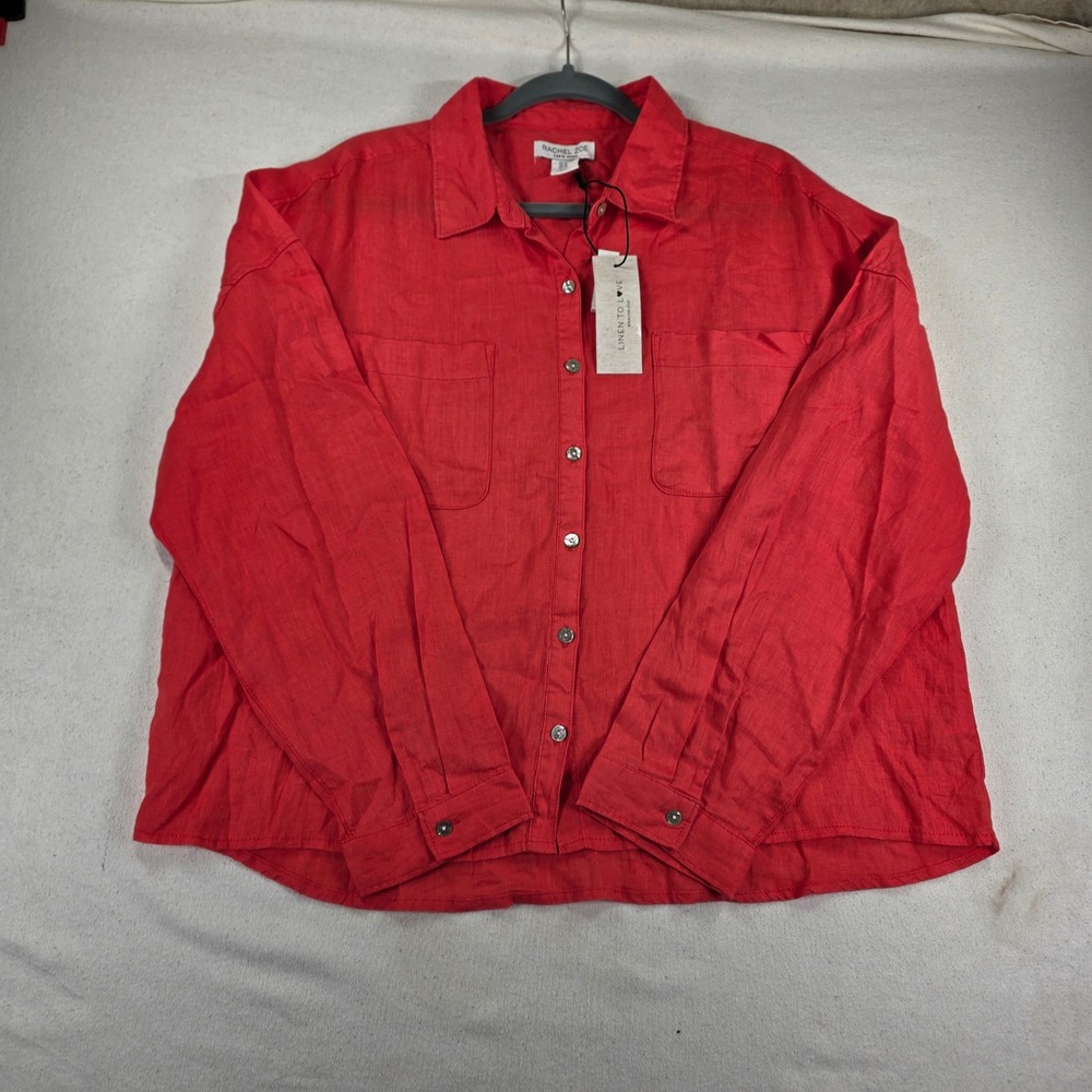 Rachel Zoe Red 100% Linen Button Down Shirt Long Sleeve Pocket Top Womens XL NWT
